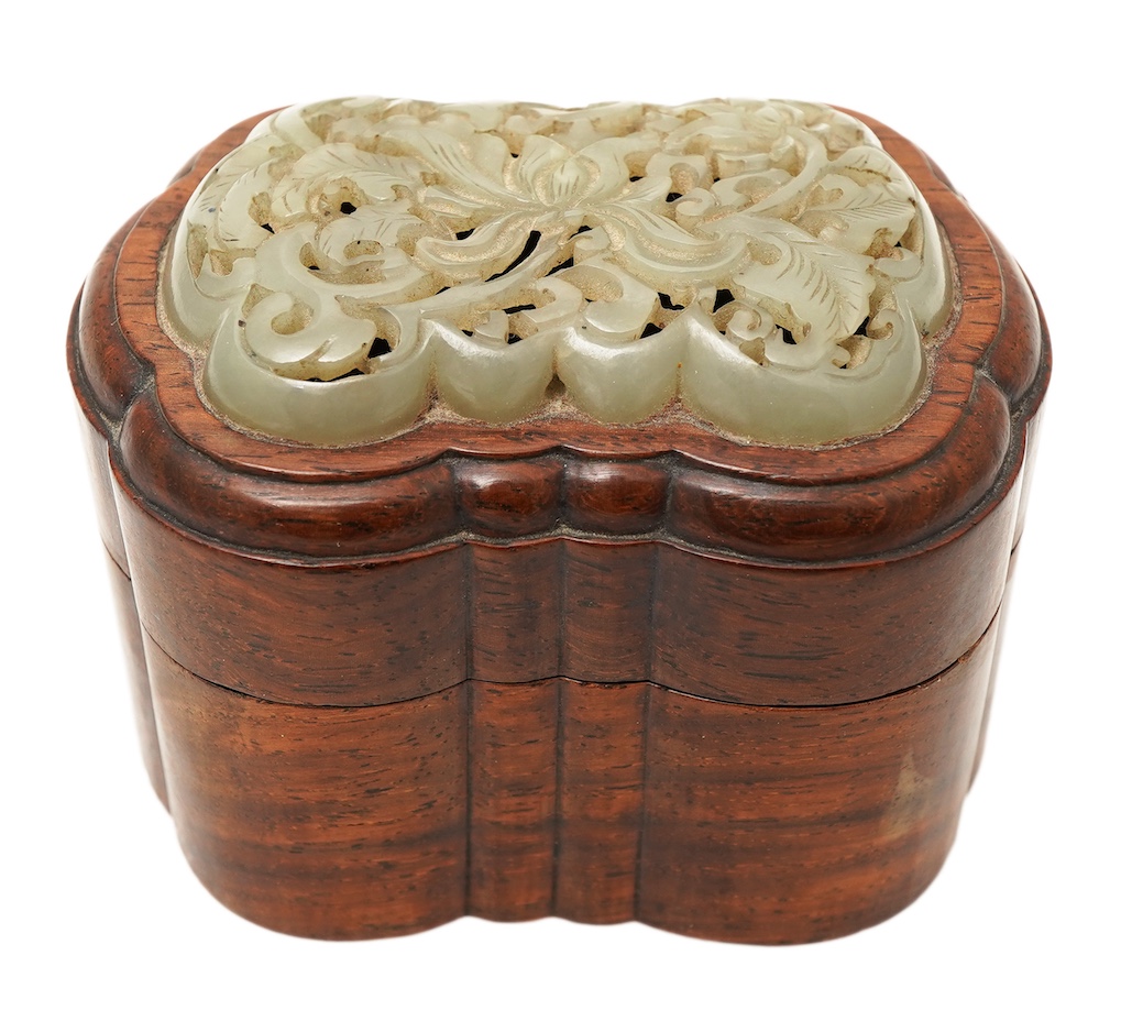 A Chinese jade mounted huanghuali box and cover, 19th century